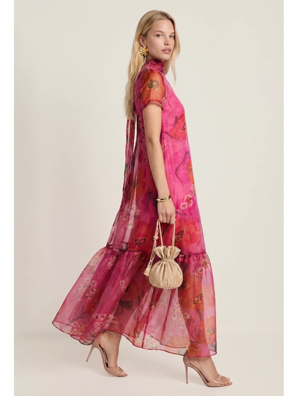 NWT CAARA By Few Moda Melody Maxi Dress Sheer Organza Gown Size Small Pink Poppy